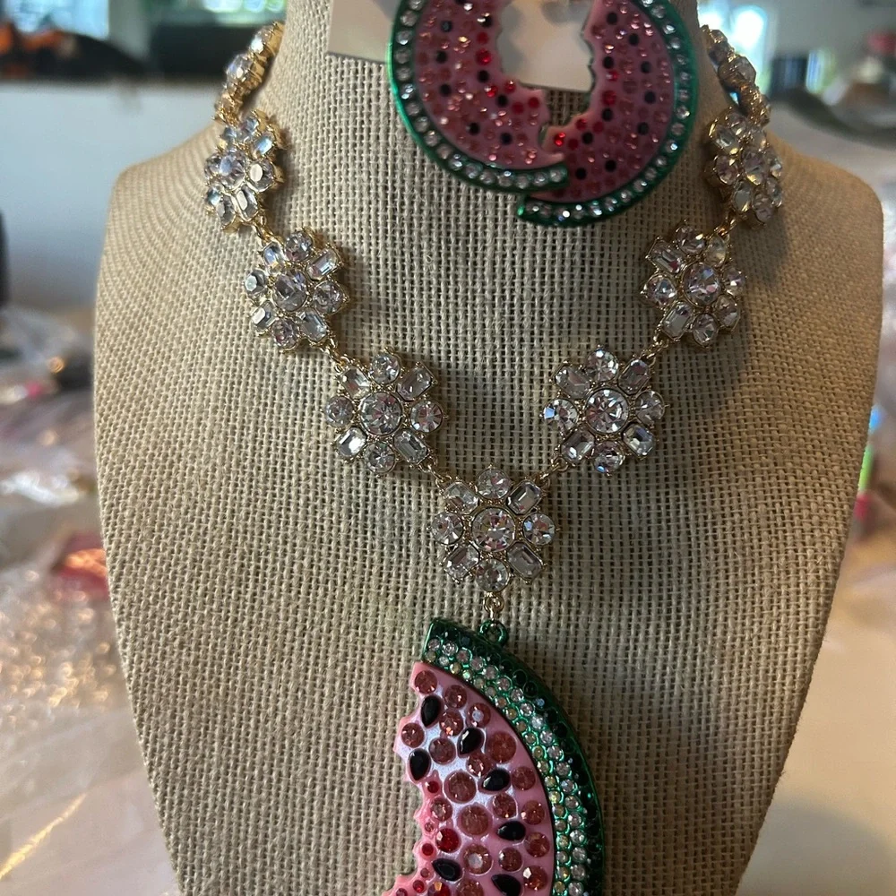 Betsey Johnson Watermelon Necklace with Pink and Green Accents with Earrings - Picture 4 of 4